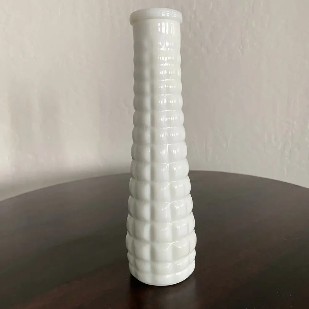 Milk glass bud vase square quilted pattern 8 3/4” vintage EO Brody